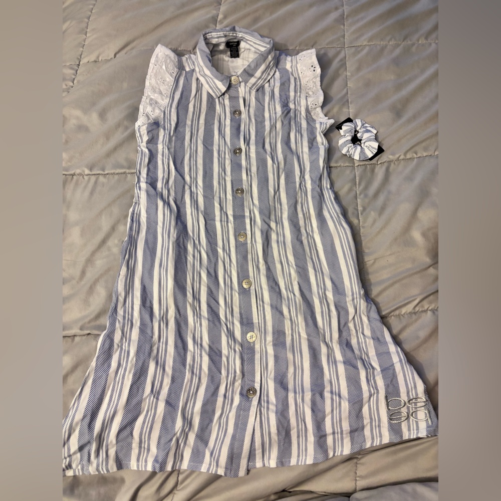 bebe Girls Blue and White Striped Dress with Scrunchie